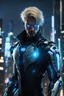 Placeholder: Man with Blonde Hair, glowing blue cybernetic eye, right black cybernetic arm, black coat, thin silver armor underneath night, city background, high detail, 4k, small cables protruding from the back