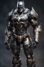 Placeholder: Fullbody photography front view of a Batman mech in transformative style, his metallic skin gleaming with intricate textures and intricate details, captured in an ultra-realistic style that blurs the lines between reality and imagination, cosmic background