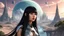 Placeholder: exotic slim sci-fi girl, with long dark hair with bangs, on an alien planet with cloud trees, tall spires, buildings, bridges, arches, photorealistic