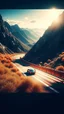 Placeholder: A race cars road in a stunning mountain landscape, mountain gorge, bright color palette, high detail, perfect composition, gcinematic shot, intricate details, hyperdetail