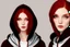 Placeholder: A sassy beautiful woman with dark brown eyes and shoulder length red hair wearing a black hoodie. Realistic.