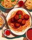 Placeholder: Anime-style table viewed from the top with a dish of spaghetti and meatballs, and a glass of tomato juice next to it, vibrant colors.