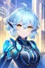 Placeholder: Cyborg anime warrior, light blue hair, short and messy hairstyle, pierced ears, round ears, golden eyes, waist up portrait, 8k resolution, intricate details, ornate details, soft lighting, vibrant colors, retroanime, masterpiece, intricate eyeliner, dark eyeshadow, eyes, intricate tattoos, futuristic cityscape background