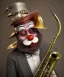 Placeholder: mechanoid old friendly fat clown with trimmed beard playing jazz with a steampunk theme, trumpet, realistic