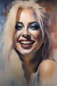 Placeholder: text "MOTLEY CRUE", head and shoulders portrait, Miss Motley Crue - well-shaped, perfect figure, perfect face, laughing, a multicolored, watercolor stained, wall in the background, oil painting in the art style of Frank Frazetta, 4k, 8k, 32k UHD, Hyper realistic, extremely colorful, vibrant, photorealistic, realistic, sharp, highly detailed, professional quality, beautiful, awesome, majestic, superb, trending on artstation, pleasing, lovely, Cinematic, gorgeous, Real, Life like, Highly detailed,