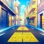 Placeholder: yellow brick road, road signs, arrows, direction, anime girl walking, detail on the girl standing with her back facing