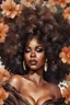 Placeholder: Create a watercolor painting art image of a curvy black female wearing a brown off the shoulder blouse, and she is looking down with Prominent makeup. Highly detailed tightly curly black afro. Background of large brown and black flowers surrounding her