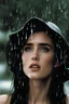 Placeholder: Beautiful 25 year-old Jennifer Connelly is standing outside in a rain shower with no rain-coat, umbrella, or hat on, with her head tilted up to the sky, her tongue sticking out and catching raindrops, as if reliving a childhood memory.