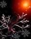 Placeholder: Create the silhouette of a cardinal in containing Double Exposure, a frosted berry woodland at sunrise; delicate branches form feather patterns, soft crimson highlights against snow-white textures, refined Christmas elegance. Background is black with many large snowflakes.