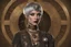 Placeholder: full body and headshot of a skinny Cleopatra, with a silver bob hairstyle, standing in a steampunk setting.