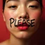 Placeholder: photograph, 'PLEASE' written on a cheek, in the style of photographer Ren Hang