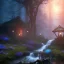 Placeholder: monk in candle light, Dark fantasy concept art, dynamic lighting, Intricately detailed, Splash screen art, deep color, Unreal Engine, volumetric lighting, blue flowers, moss, leather, creek, flowing water, fantasy dark forest artwork,