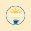 Placeholder: A circular logo with the name (ZAHA) designed for a modern cafe with the sun symbol and turquoise and indigo color and a coffee bean and a coffee cup at the bottom of the logo and a blue circle around the work