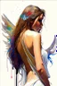 Placeholder: A detailed illustration of a beautiful young female human with growing out of her back. Her skin, hair and face are all made of paint. Her wings are spread. Front view. Highly detailed flawless facial features and eyes. Abstract Oil painting splash art. White background, wide angle, abstract design, beautiful, thick flowing paint strokes, dripping paint, fantasy art, modern art, ((soft happy complimentary colors,)) modern aesthetic, focused on the character, 4K resolution.