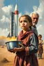 Placeholder: an expressive painting of a 3 years old girl poor with Ruth clothes standing in line with out her children’s asking for food with a pan in her hand painting, a large space rocket base behind ready to be lunched in the background, we might see a companion with features of absolute strength and determination, blended with warmth and deep faith. Perhaps his face expresses wisdom and courage, with eyes radiating confidence and faith.