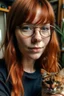 Placeholder: girl with ginger hair in a fringe with glasses and a septum piercing biting a cat