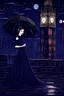 Placeholder: Under a starry umbrella and cityscape dress, she’s the queen of the night—elegant, whimsical, and cool, dark deep colours, atmospheric, weird, crepy stunning