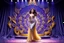 Placeholder: modern stage with gray-dark yellow blueish violet theme artistic decoration , color full dynamic lighting, a beautiful lady in maxi dress with shining silver jewels ,curvy long hair,dancing, 3D recursive fractal structure animating background