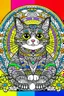 Placeholder: Design an eye-catching cover for a coloring book featuring a friendly, fully colored CUTE cat. Inside the CUTE cat, create colorful mandala designs for complete coloring. In the background, a colorful rectangular mandala pattern , full body, full body cat, full colored body, rectangular mandala patterns in backround