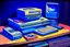 Placeholder: retro tech on a desk, Magneto-optical disk, floppy disk, Hard disks, ram, VHS, Retro pc, slight watercolor, no humans