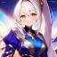 Placeholder: Clear focus, 8k, high quality, detailed, beautiful lighting, girl, vibrant colors, white long hair, vibrant golden eyes, fantasy clothes, ponytail, smile