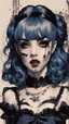 Placeholder: Poster in two gradually, a one side malevolent goth vampire girl face and other side the Singer Melanie Martinez face, full body, painting by Yoji Shinkawa, darkblue and sepia tones,