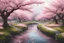 Placeholder: A serene cherry blossom park in full bloom with petals gently falling into a meandering stream.