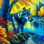 Placeholder: Oil painting of a wolf hyper-detailed hyper-realistic river trees complementary colors blue yellow red green 4k