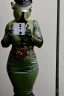 Placeholder: Steam-punk style random-mask. Large fencing mask covers chin and cheeks. Hot girls. Reflective surface on face, full coverage, reflective. golf ball eyes. Head full of integrated old-fashioned cameras and phone. Army green surfaces body, latex. Perfect body, thick thighs and calves. Asa Akira's body. Wide hip, skirt bleats nicely. Partly symmetrical. Straitjacket. Rusty and decayed background. Steam-plunge air-bottles. Euclidean 3D-tiling walls. surrealistic. Oppressive atmosphe