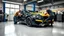 Placeholder: A car repair shop where two people are repairing a black and yellow BMW M6 series with an eye-catching theme in a sophisticated and special repair shop