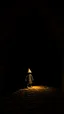 Placeholder: character in semi-darkness, on the scree cone of an underground room dimly lit by daylight coming from a well located forty meters above.