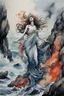 Placeholder: dramatic watercolor and ink composition, modern reimagining of the elegant yet sinister Siren water goddesses of Greek lore on craggy rocks in middle of rough ocean singing ships to destruction, color pop, dramatic, complex contrast, dynamic composition; masterpiece, repoussoir, sinister,