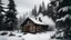 Placeholder: A small isolated log cabin nestled in a snowy forest clearing with smoke coming from the chimney