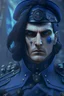 Placeholder: High Commander of a Dieselpunk utopia in a blue ww2 military dress, up close, fantasy, High details, realistic design, dark vibes, 8k, male, long black hair