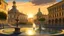 Placeholder: Italian plaza with fountains and Renaissance architecture, cobblestone streets, golden sunset light, partly cloudy sky, classical oil painting style, realistic shadows and reflections