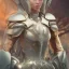 Placeholder: A handsome woman standing in front of a church, futuristic design, a paradise in background, close-up face, geometric armor, female face, 3d unreal engine, black face, close up armor, church detail, lovely face