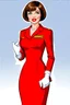 Placeholder: realistic cartoon style full body image of very feminine, dark brown haired 50 year old stewardess in red dress uniform with short bob cut and strong, seductive makeup, smoky green eyes, highly shiny white plastic gloves, big thick pouty bright red lips, who looks a lot like Elodie Cherie