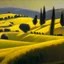 Placeholder: a fine oil painting of a landscape of rolling hills in the italian countryside, yellow hour, bold chromaticity — ar 3:2