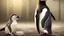 Placeholder: young woman talk to a penguin in coffee-shop