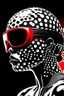 Placeholder: woman with red paint on full face, black round sunglasses, black and white swimming cap on head, black turtleneck, side view by joe scott , afrofuturism, futuristic, pop art, geometric, bizarre, surreal