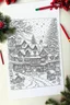 Placeholder: coloring page of a Christmas drawing, A4, white background, black and white, magical style, dreamy, detailed, easy drawing, christmas village