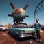 Placeholder: children of the atom,happy cute model sitting on roof of a caravan, wreckfest, spectacular graphics, unreal, road, bridge, fallout 4