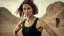 Placeholder: beautiful slender caucasian female technician, black tank top, well toned muscles, weathered face, scratched sand camo metal details, short brunette wavy bob haircut, dystopian, desert scene, being hit by a bullet, explosions in background