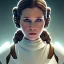 Placeholder: low angle beautiful half-body-portrait photo of princess leia from Star Wars played by Carrie Fisher, in the style of horizon zero dawn wlop, artgerm, akihiko yoshida, and liang xing, detailed face, doe eyes, intricate hair style, symmetrical eyes, trending on artstation, highly detailed, white dress, dynamic pose, intricate outfit, futuristic weapon, space ship and galaxy background