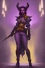 Placeholder: Purple-skinned female tiefling in milltary attire with glowing yellow eye