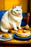 Placeholder: Painting of a white fat cat eating chocolate cheescake.