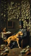 Placeholder: Bosch painting style nightmare, a rich man surrounded by a walls of money , sitting alone with his old dog and a black servant serving thim