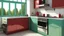 Placeholder: kitchen with celadon red furniture, on the left side by the window from the bottom up, a microwave and an oven installed in the furniture, and on the right side and next to it an induction hob and a cooker hood above it, on the right side there is a sink and a dishwasher underneath it