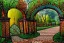 Placeholder: open iron gates made of colorful stained glass, covered in vines, trees, very large entry leading to a lush garden, see lot details in the garden, photo realistic 4k, nature, beautiful hand laid checkered pattern stone walkway path, trending on artstation, sharp focus, studio photo, intricate details, highly detailed, by greg rutkowski