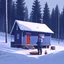 Placeholder: a sad Finnish man without food on his plate, outside his house in the forest, Winter, snow, very cold, Finnish flag down at half way up, Finnish flag, a bottle of Vodka in his hand, knifes and sauna, Simon Stålenhag style